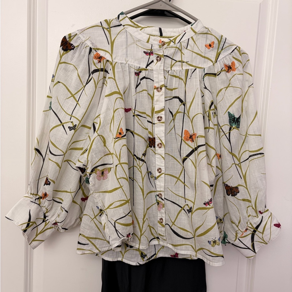 Maeve Floral Button-Up Blouse - White with Multicolor Accents